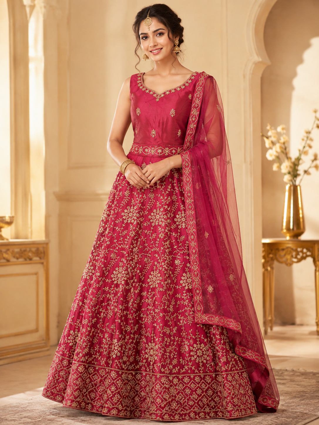Bollywood  Lehenga Choli Rouge Brodé Doré - 3 Pièces Image principale du produit