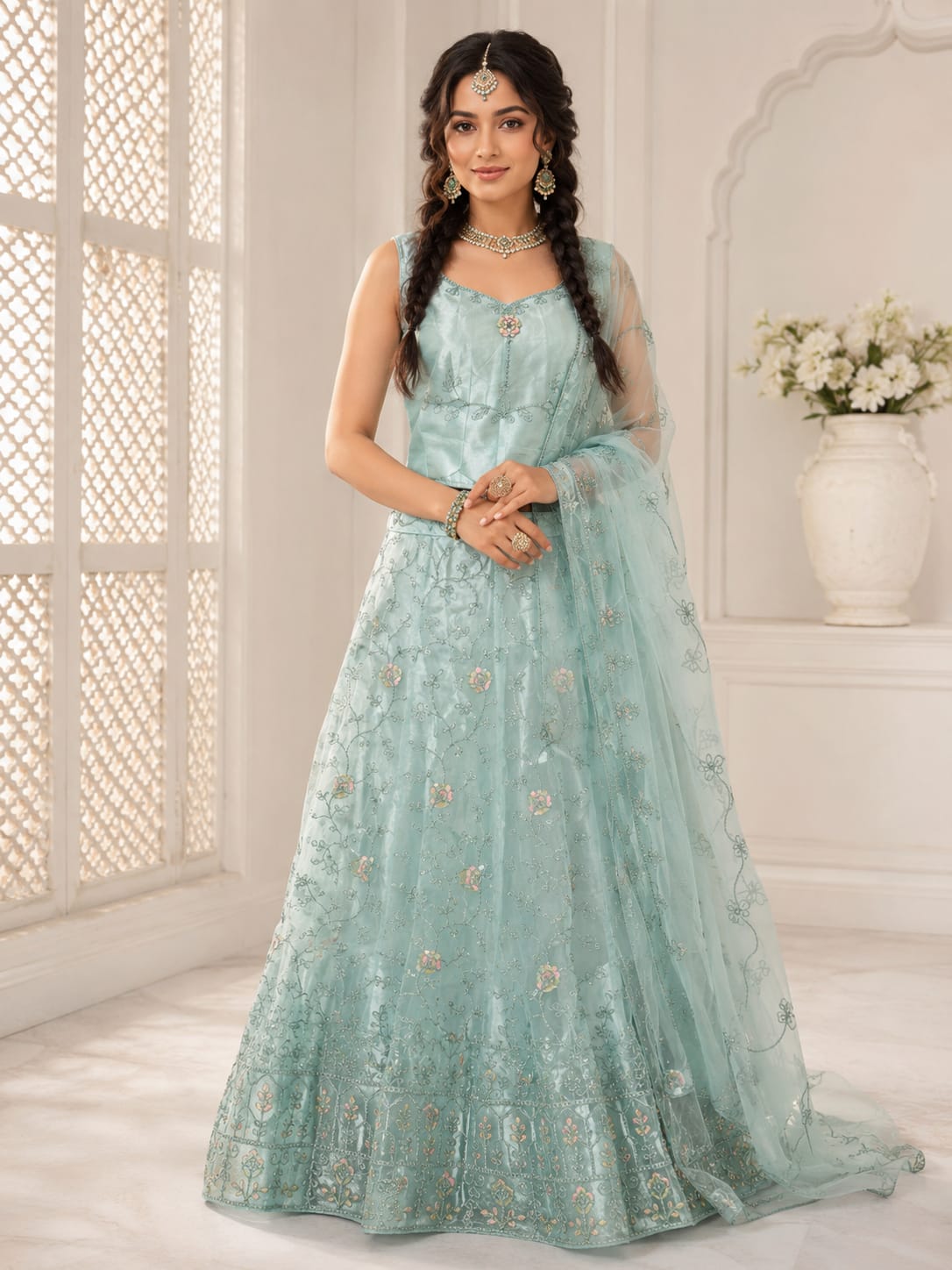 Bollywood Bridal Lehanga Choli Mint Green 3-Piece Main image