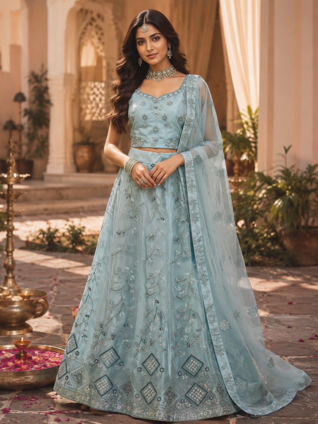 Bollywood Designer Lehenga Choli Bleu 3 Pièces Image principale du produit