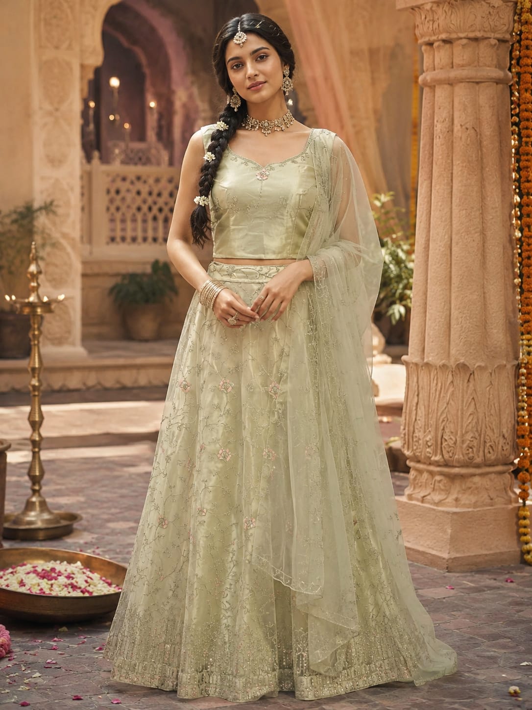 Bollywood designer Lehanga Choli Vert Pastel 3 Pièces