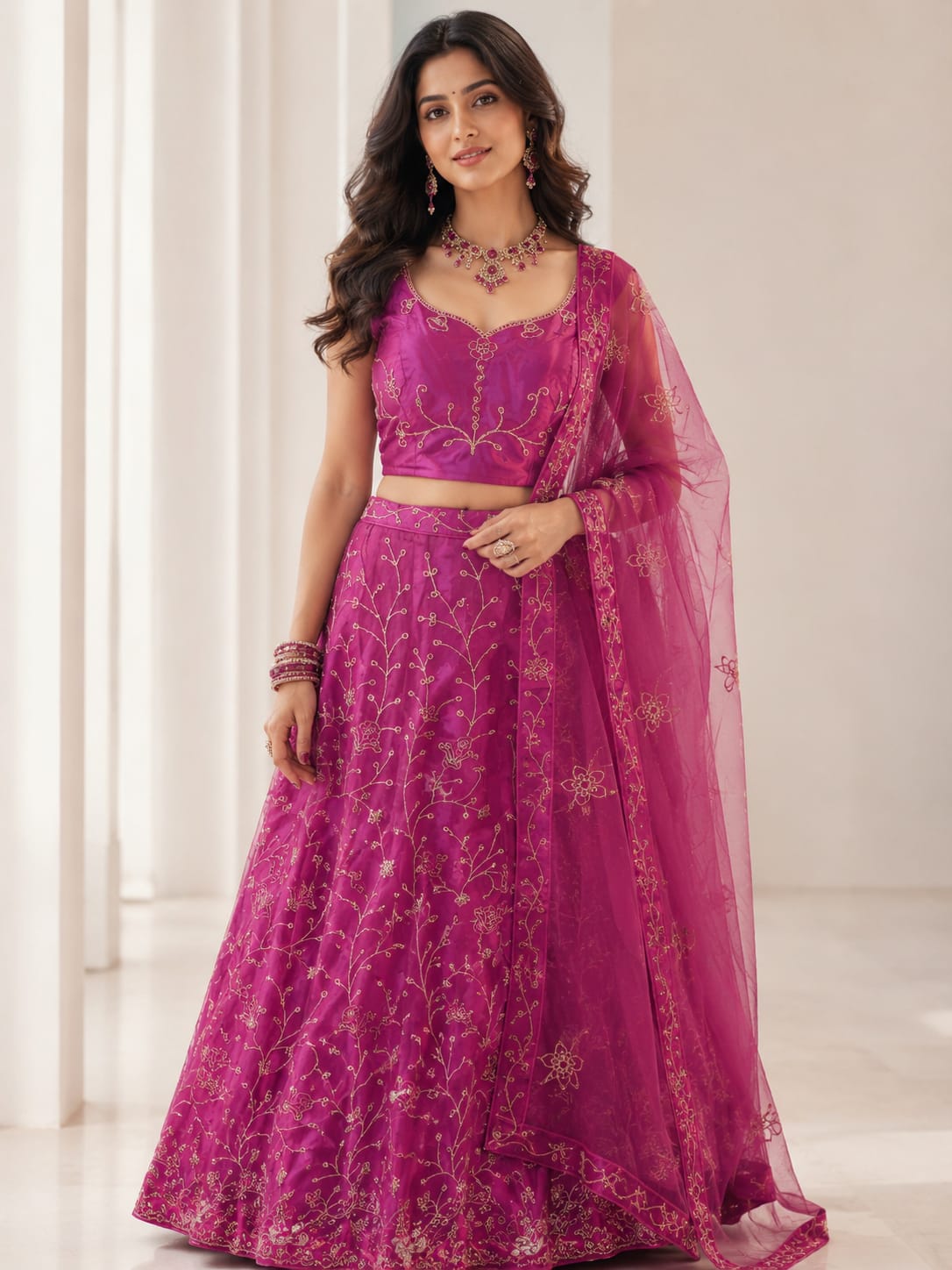 Bollywood Designer Fuchsia Rose 3-Piece Lehenga Choli