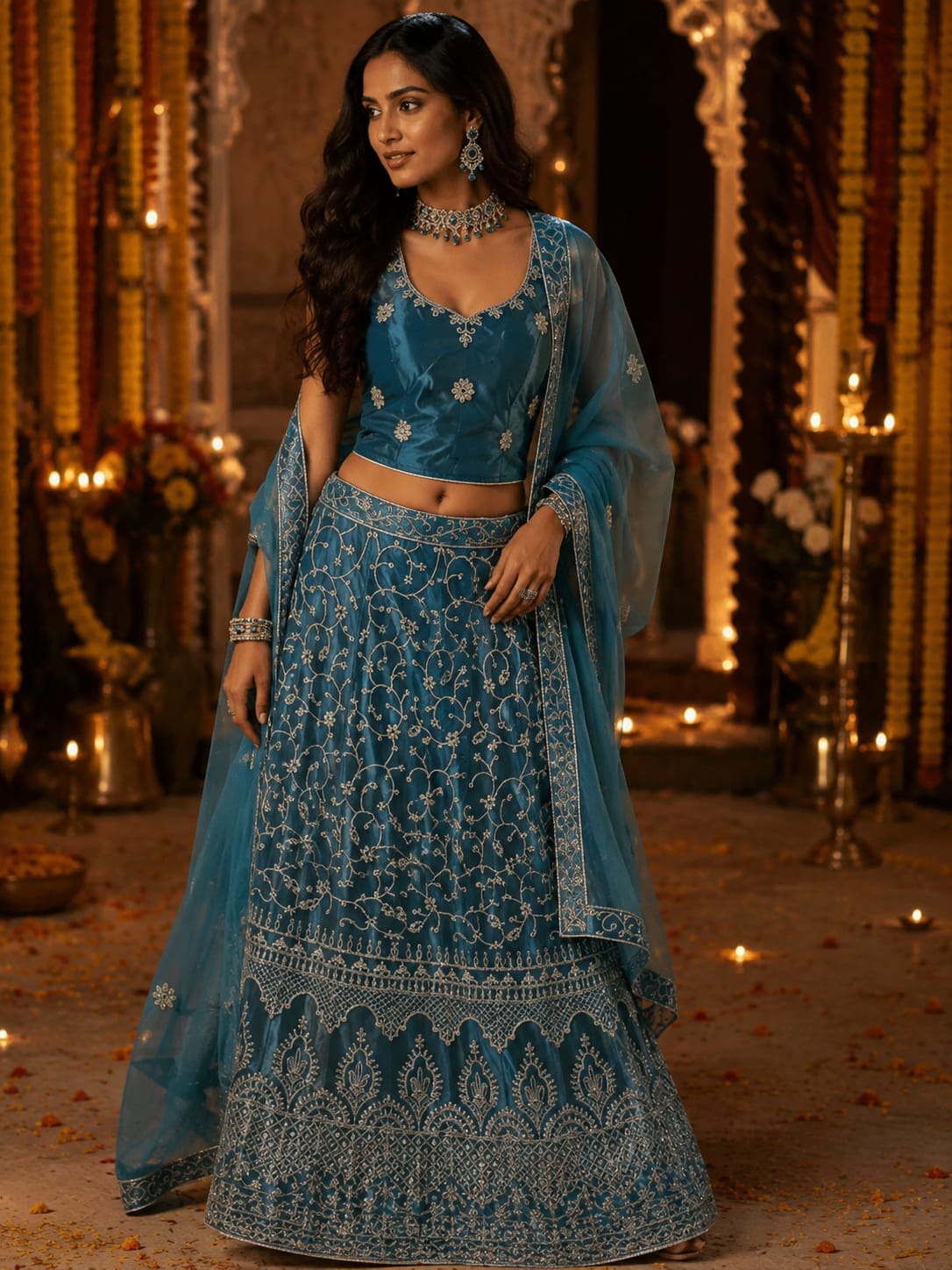 Bollywood designer Lehanga Choli 3 Piéces Bleu Image principale du produit