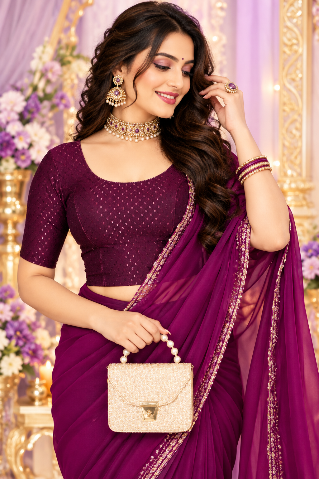 Indian sari blouse violet taille 40/44 elasthane Image principale du produit