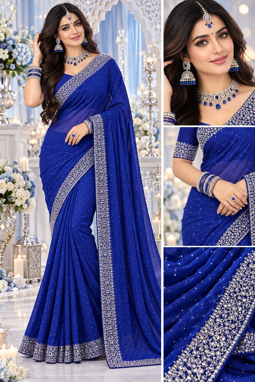 Bollywood désigner sari bleu avec des pierres argenté