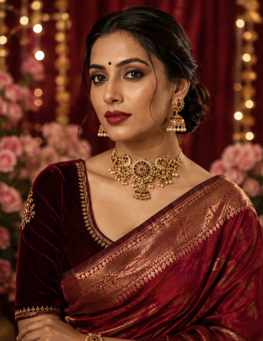 Bollywood désigner mariage sari parure 2 pièces rouge bordeaux Image principale du produit