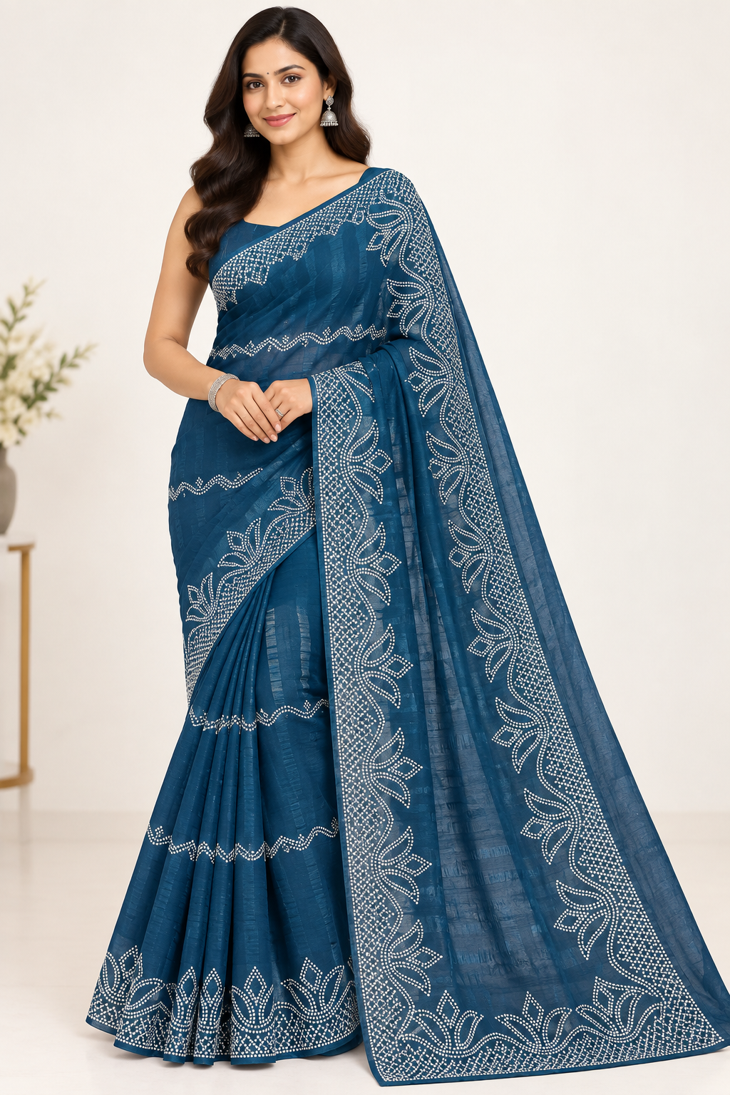Indian désigner sari bleu vert avec argenté