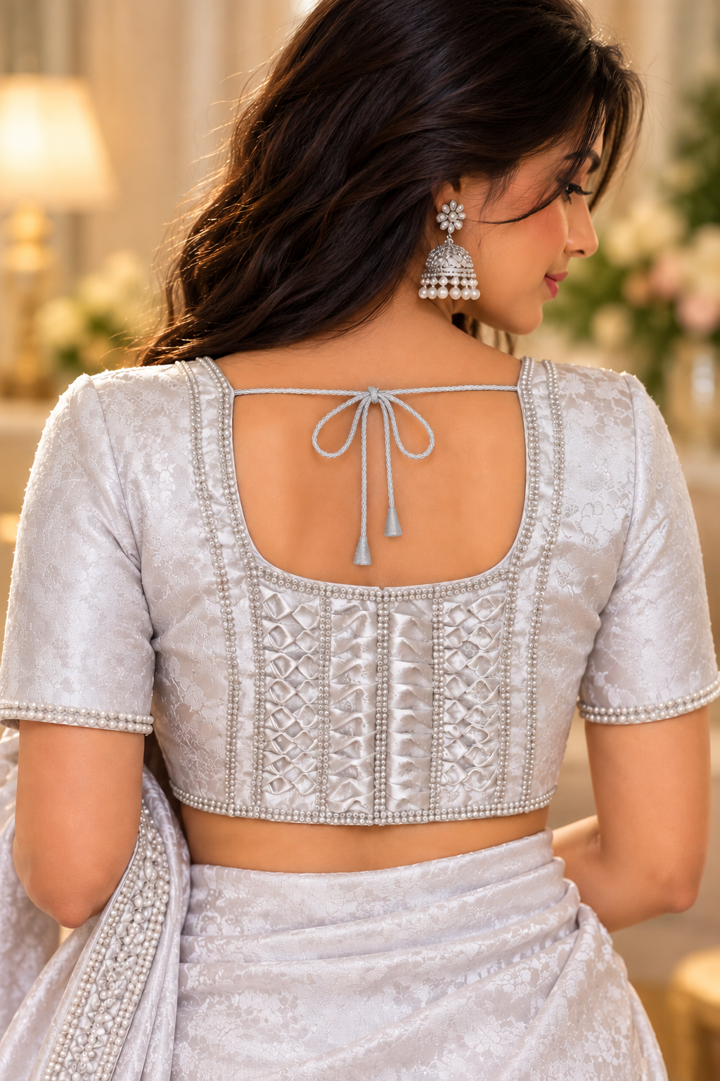 Indian désigner sari blouse blanc argenté taille 40