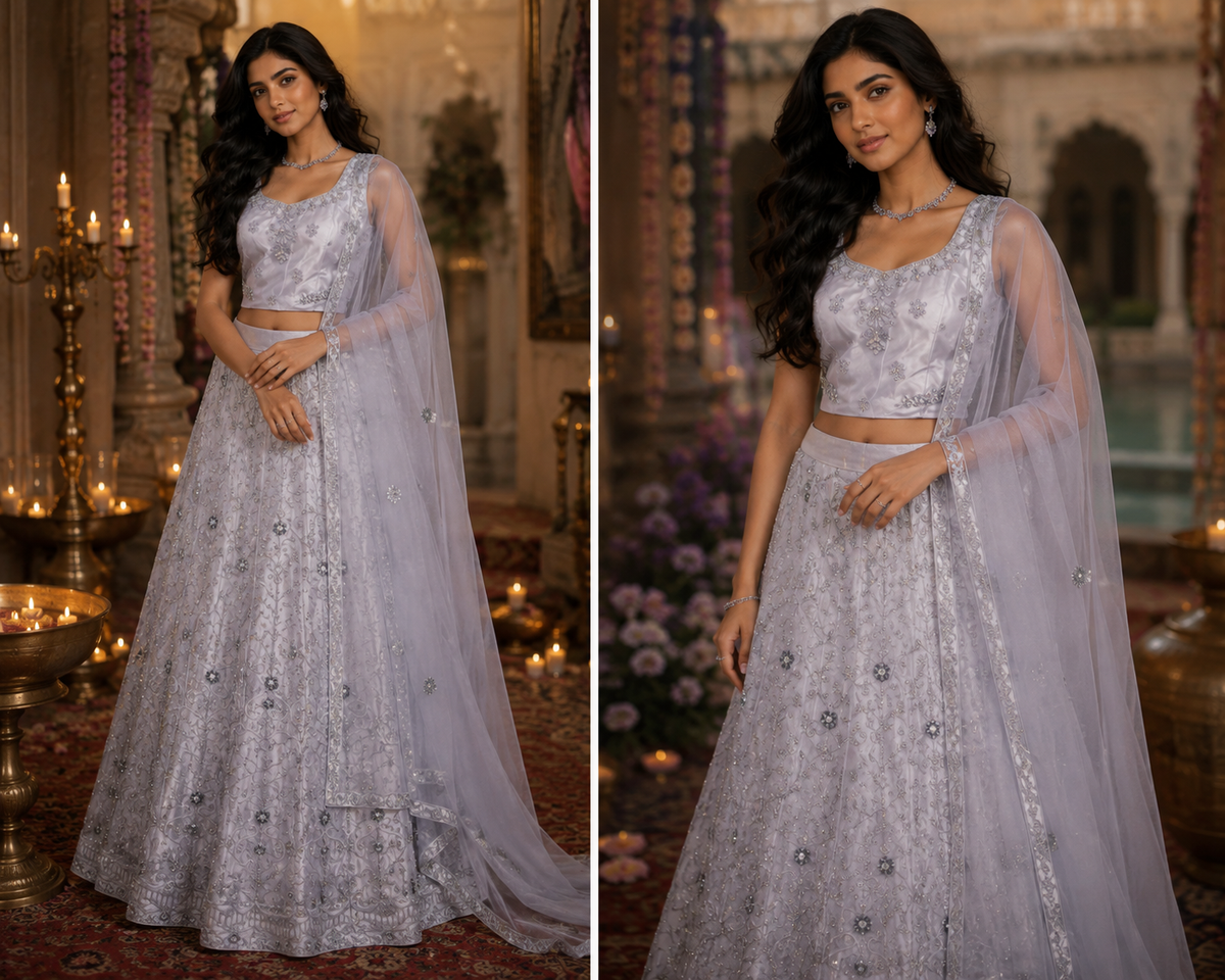 Bollywood désigner mariage lehanga gris choli 3 pièces taille 38/42