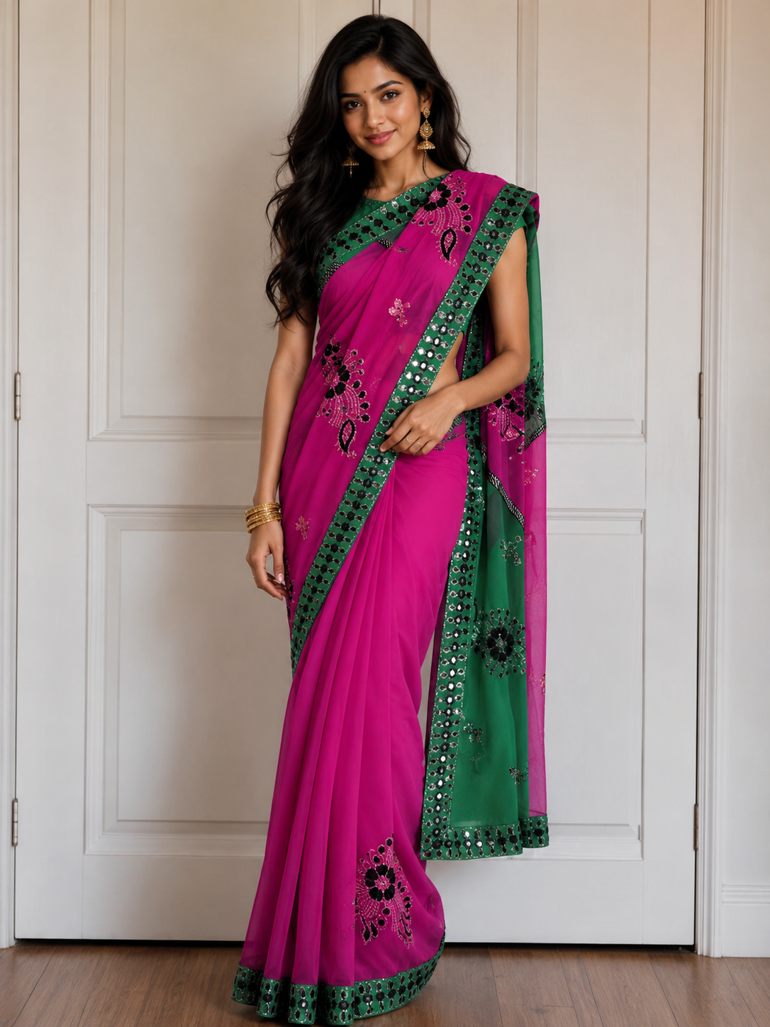 Bollywood désigner sari rose et vert sans blouse