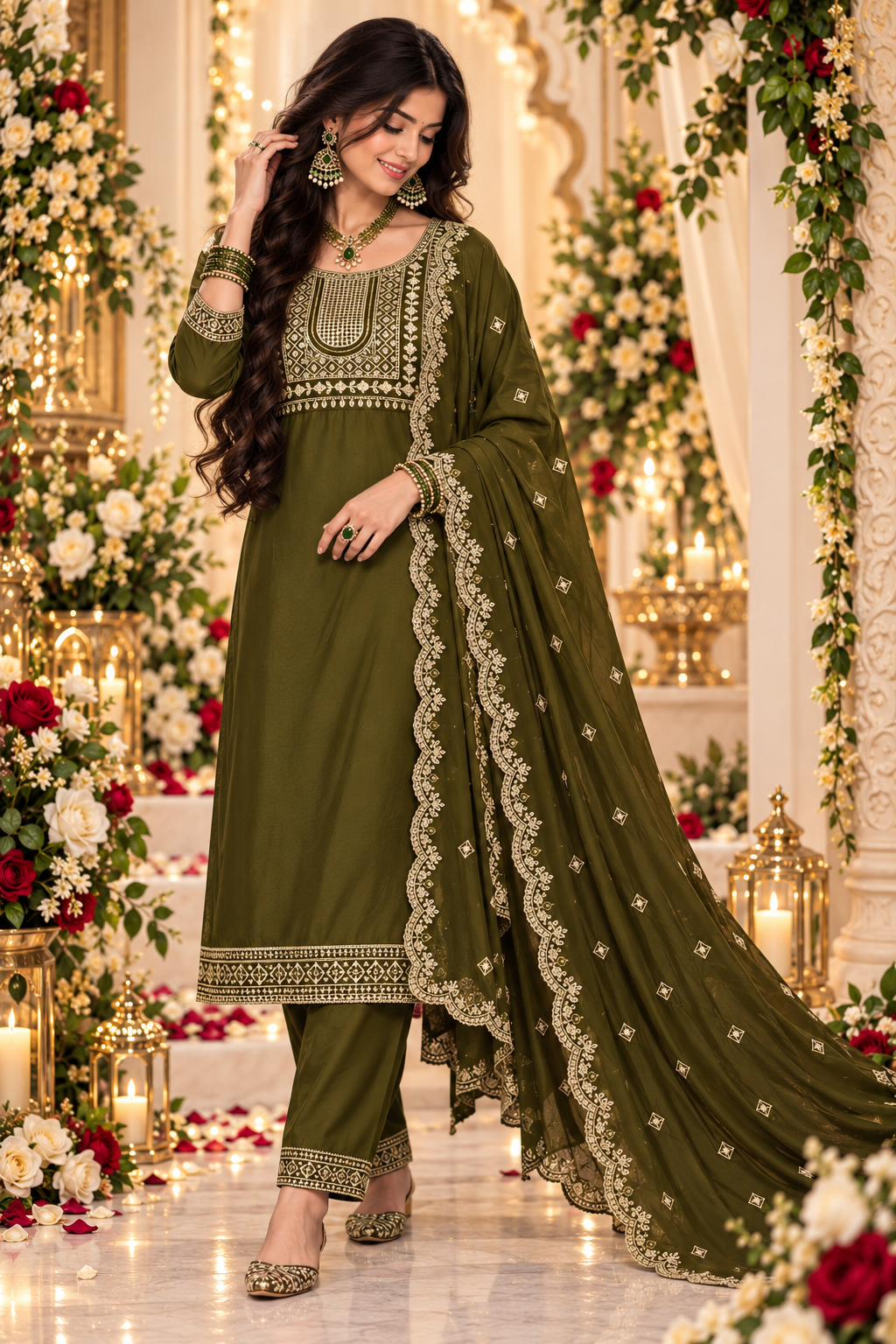 Bollywood désigner mariage salwar kameez vert taille L Image principale du produit