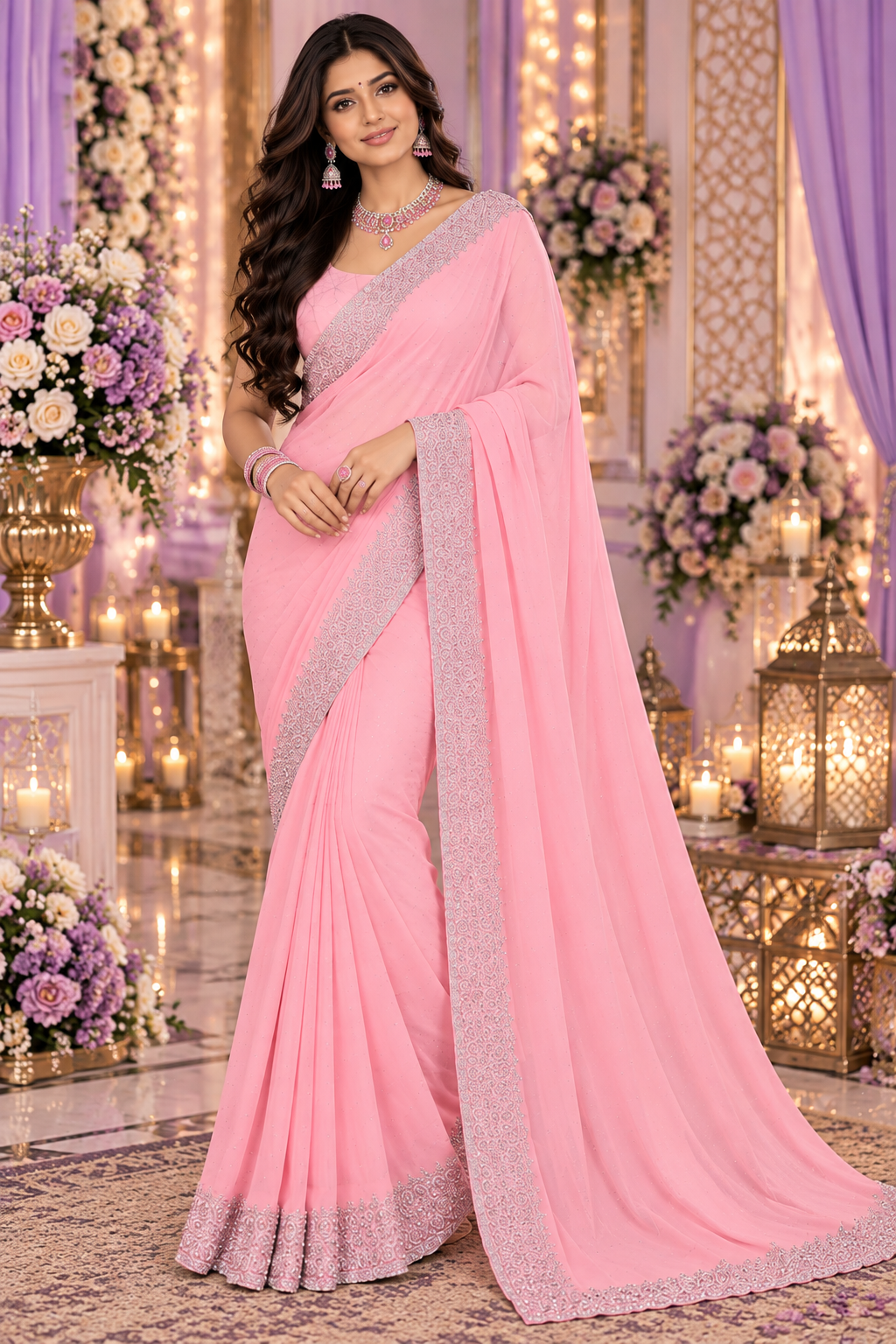 Bollywood désigner sari rose et argenté georgette Image principale du produit