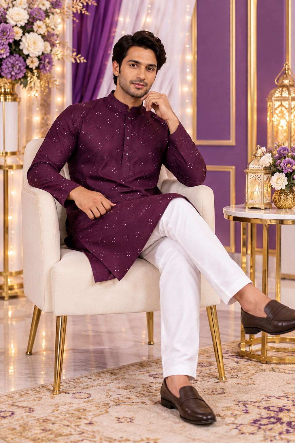 kurta homme violet et blanc coton mélangé Image secondaire du produit