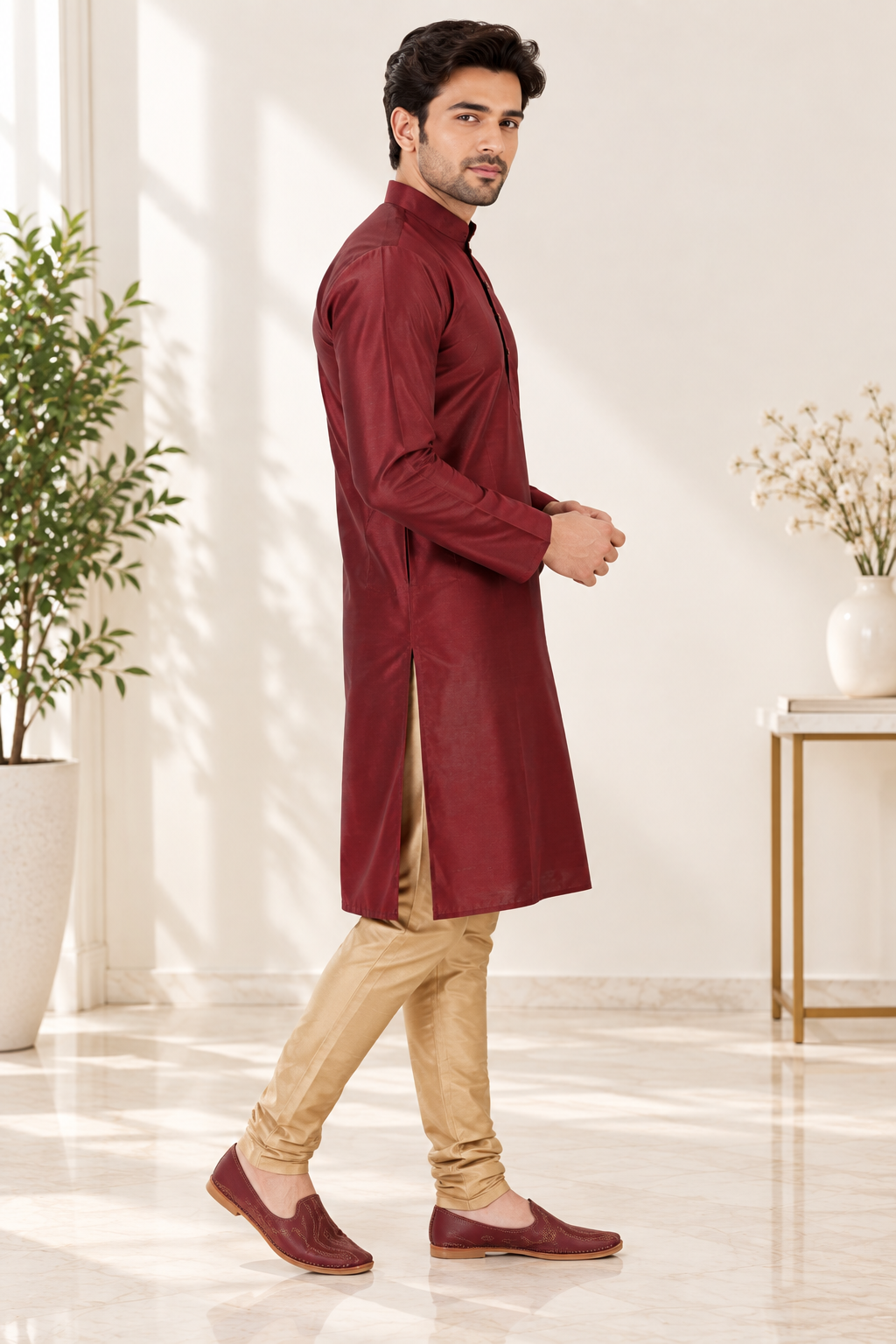 Men's burgundy and gold Indian designer kurta, size XL