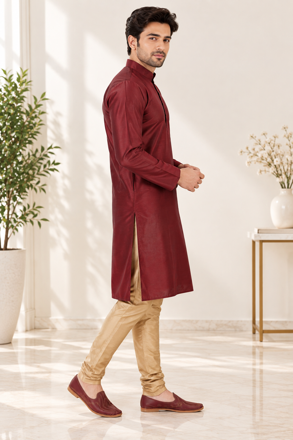 Men's burgundy and gold Indian designer kurta, size XL