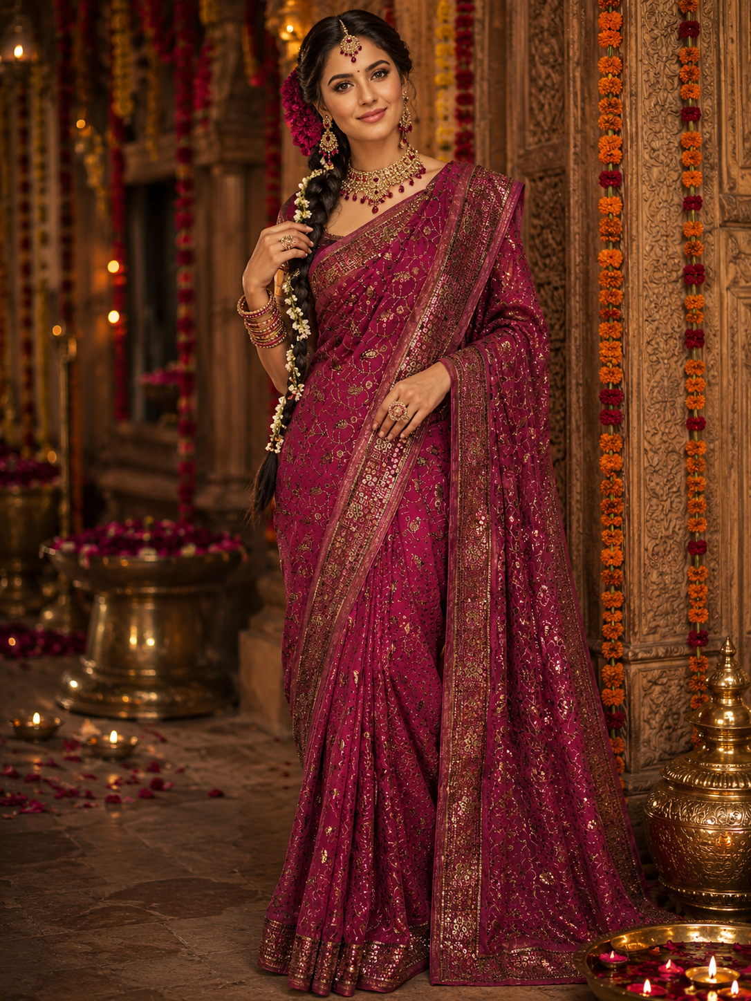 Bollywood design wedding red rose sari without blouse