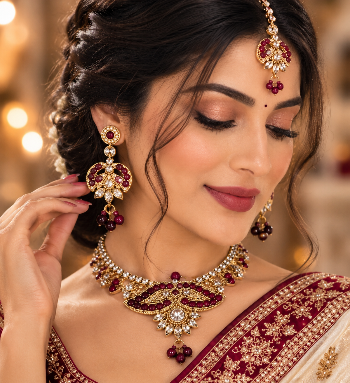 Indian désigner necklace set bordeaux et doré Image secondaire du produit