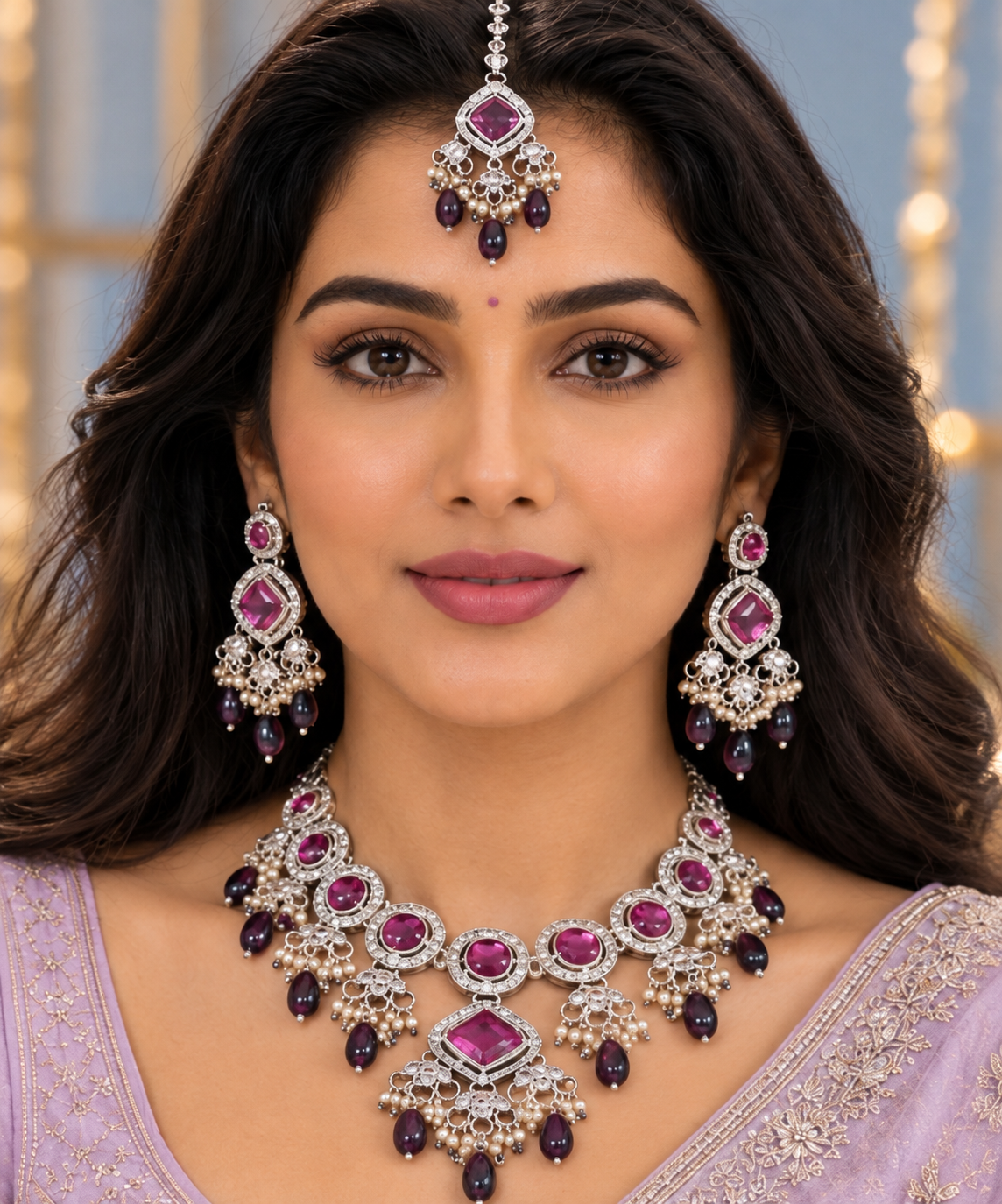 Bollywood désigner mariage parure violet et rose 3 pièces Image principale du produit