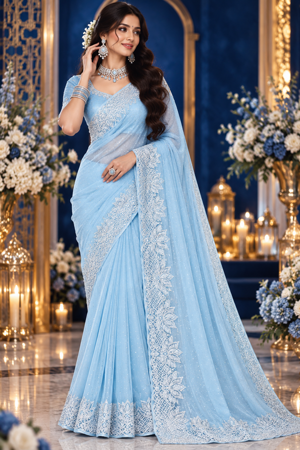 Bollywood désigner sari bleu clair avec des sequins georgette
