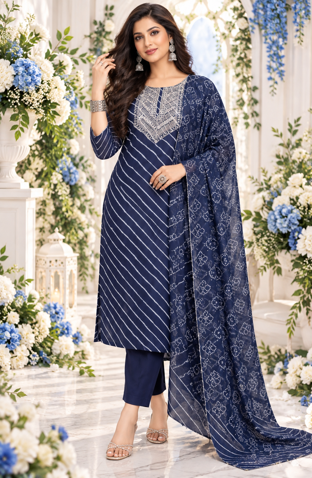 Bollywood désigner salwar kameez bleu et blanc taille L 3 pièces Image principale du produit