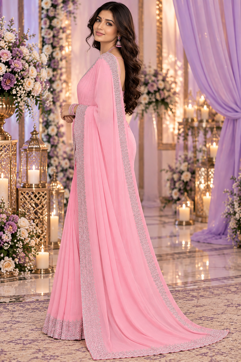 Bollywood désigner sari rose et argenté georgette