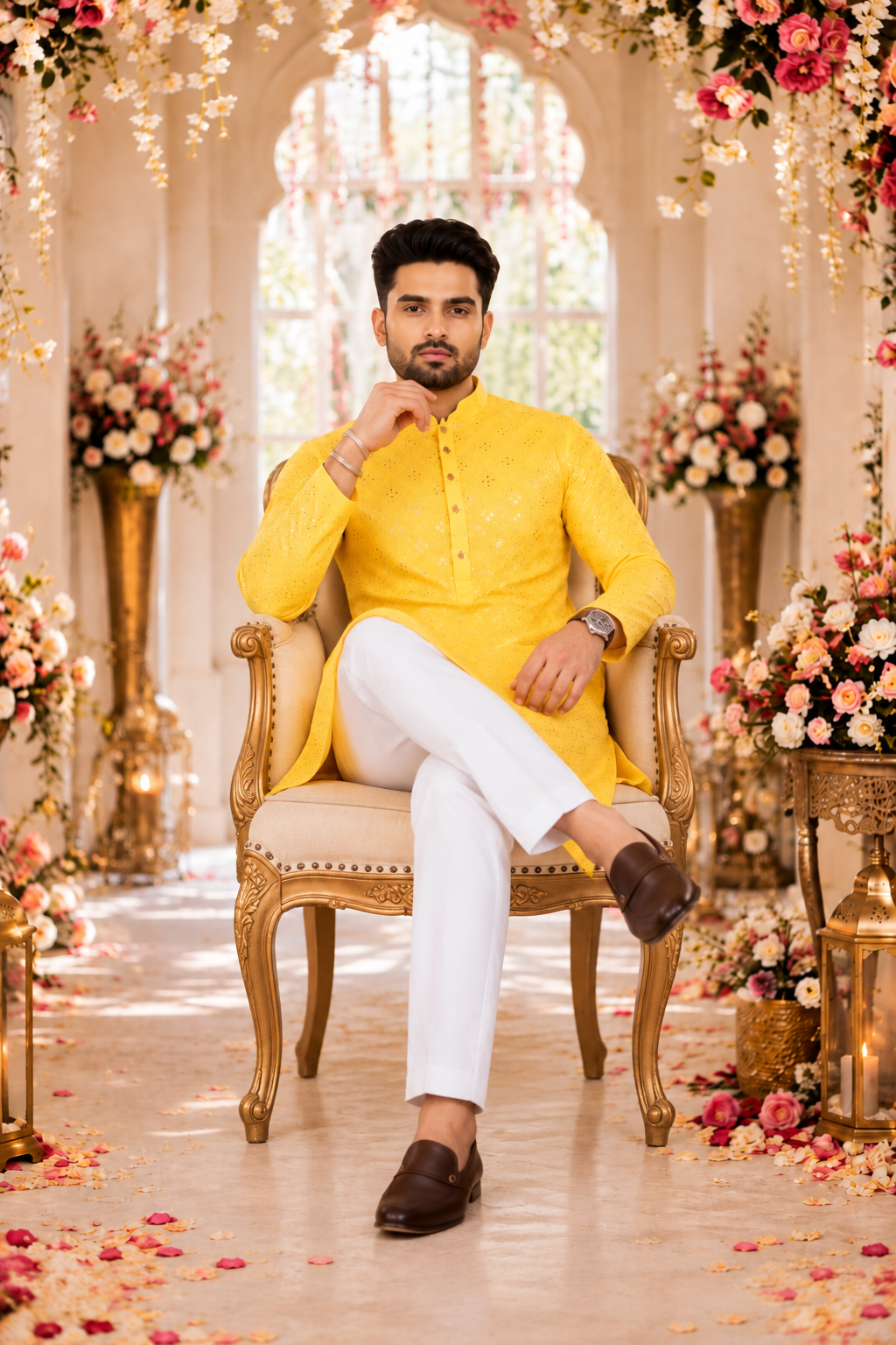 Indian kurta homme jaune et blanc taille XL