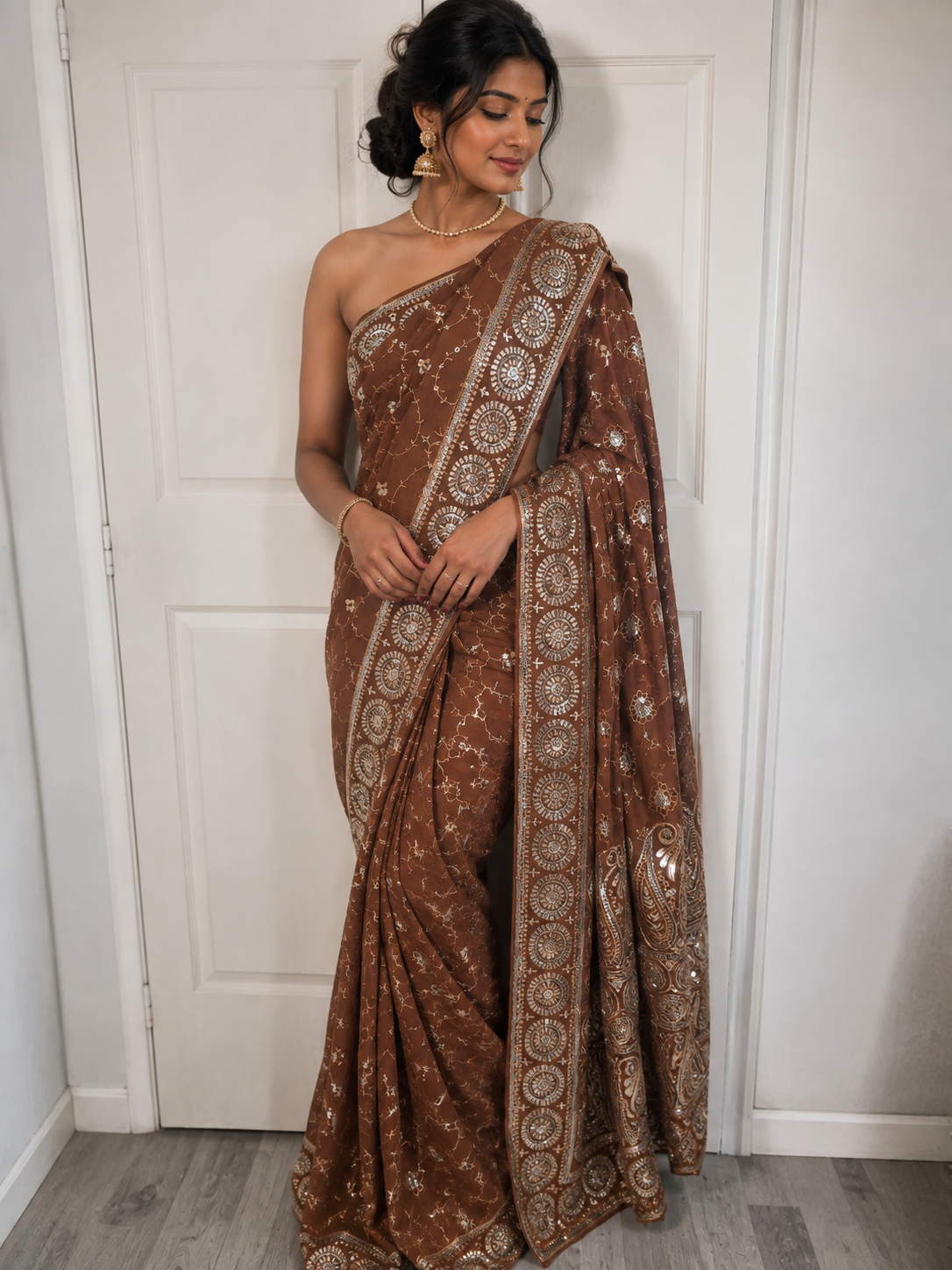 Bollywood désigner sari marron brodé avec sequins sans blouse Image principale du produit