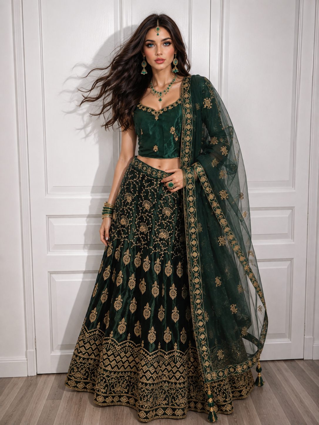 Bollywood désigner mariage lehanga choli vert brodé avec sequins 3 pièces Image principale du produit