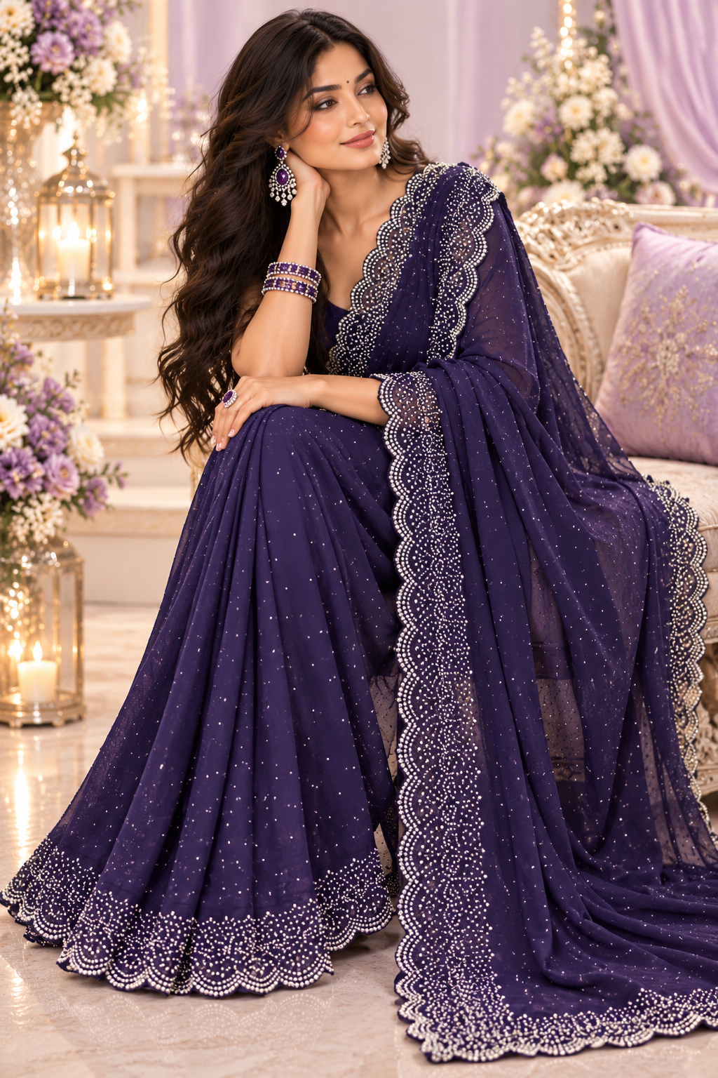 Indian désigner sari violet et argenté