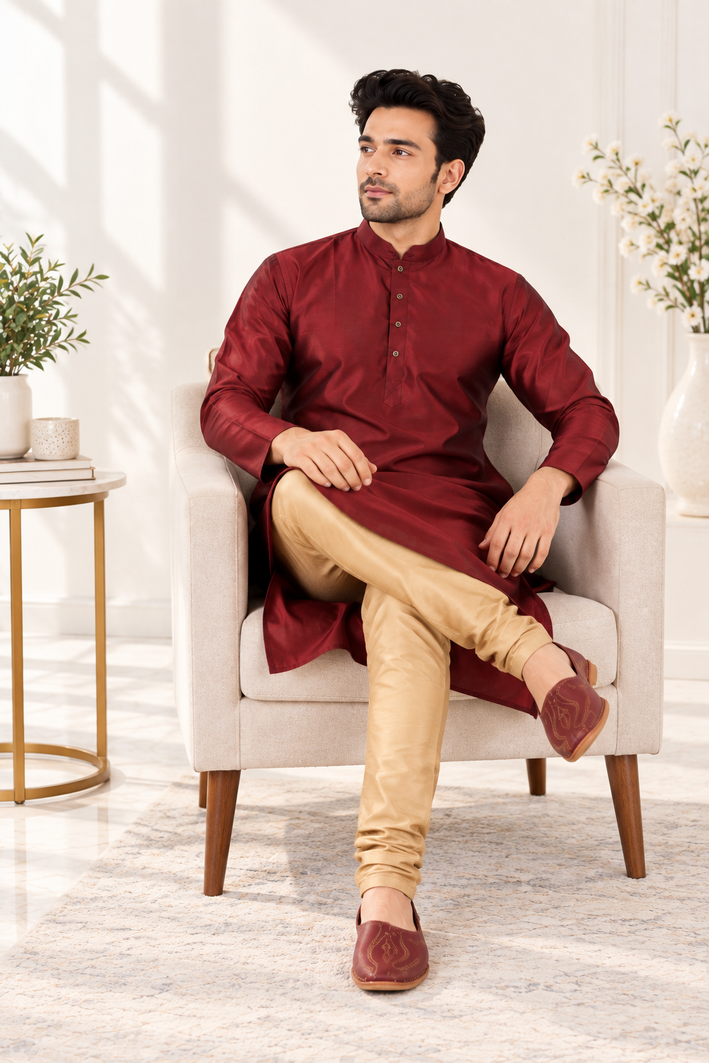 Men's burgundy and gold Indian designer kurta, size XL