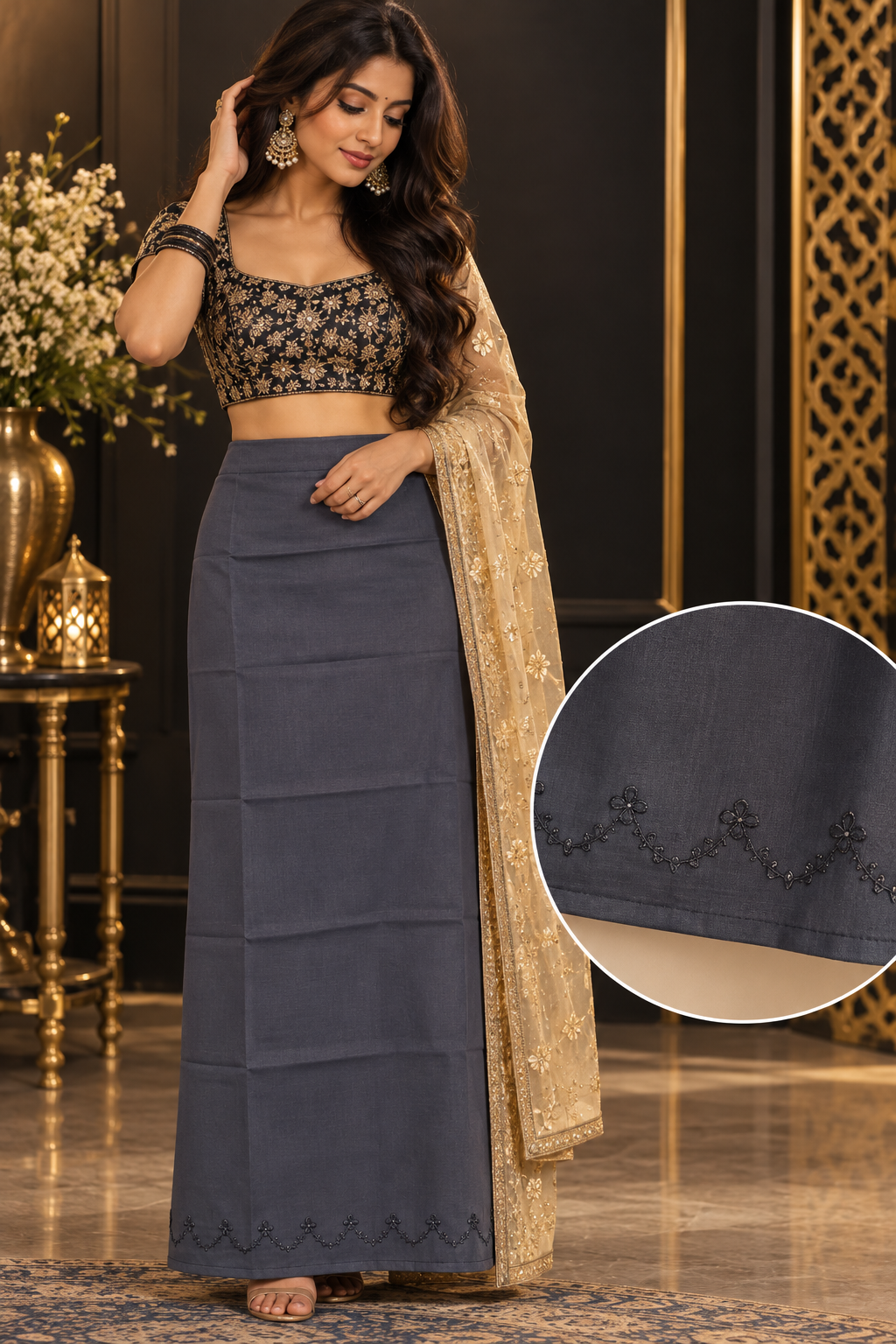 Bollywood désigner jupon gris coton taille 34/44