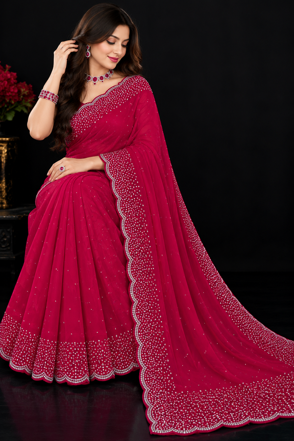 Indian désigner sari rose fushia motifs argenté