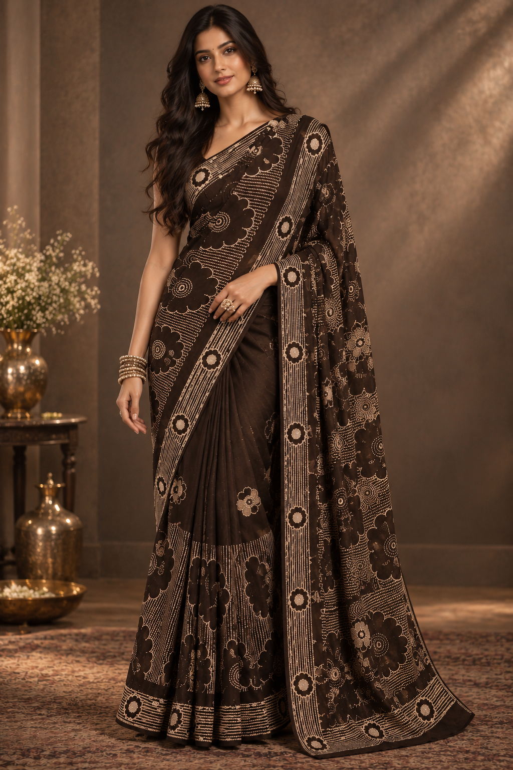 Sari marron et argenté avec sequins Image principale du produit