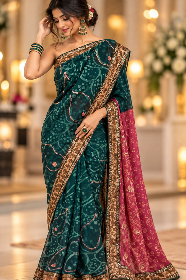 Indian sari vert et rose sans blouse