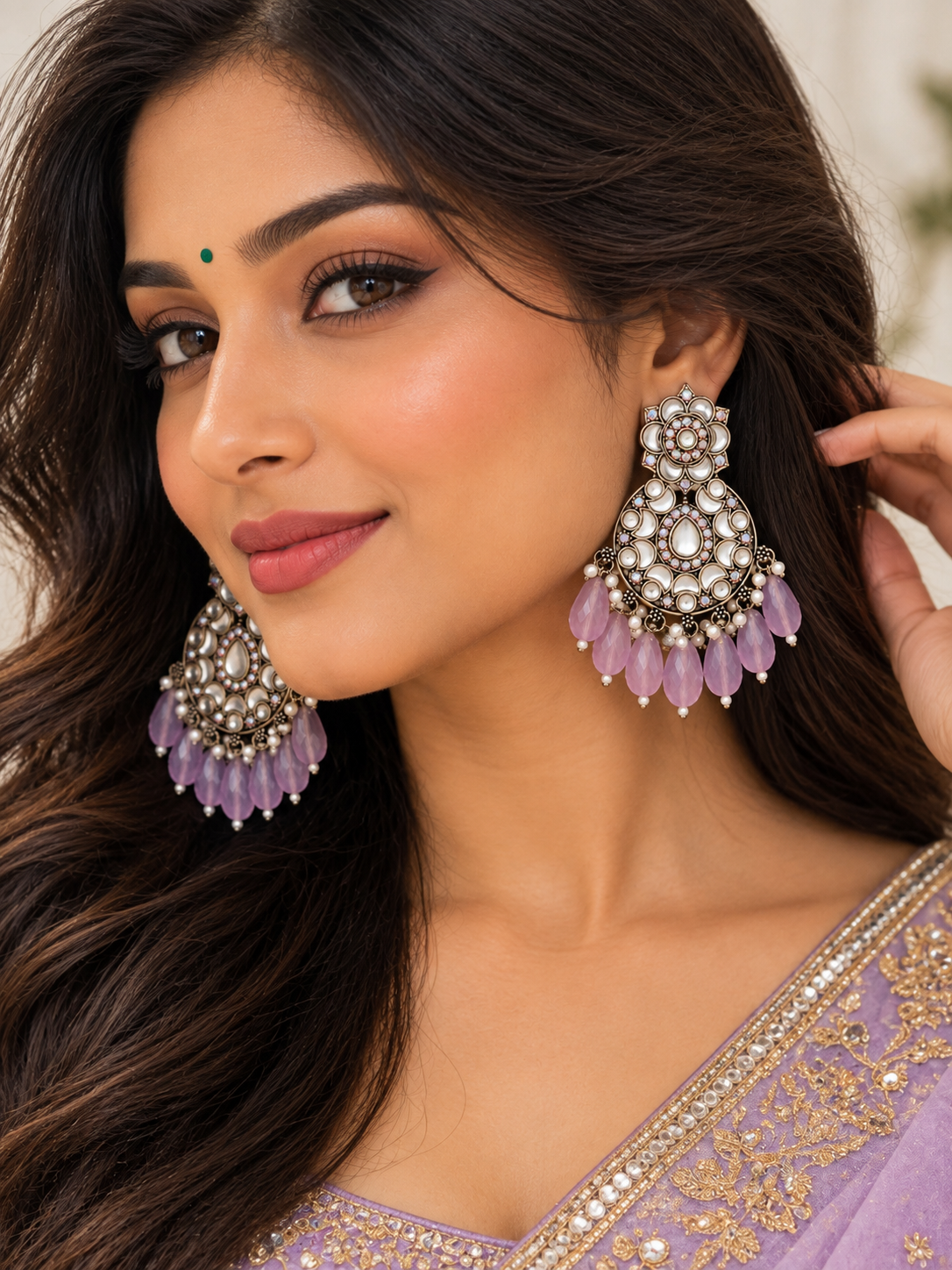Bollywood style silver and purple earrings Main image