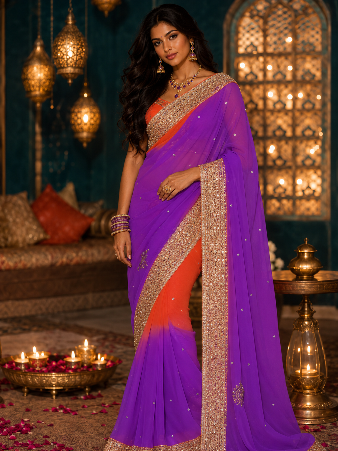 Bollywood désigner mariage sari violet et orange sans blouse
