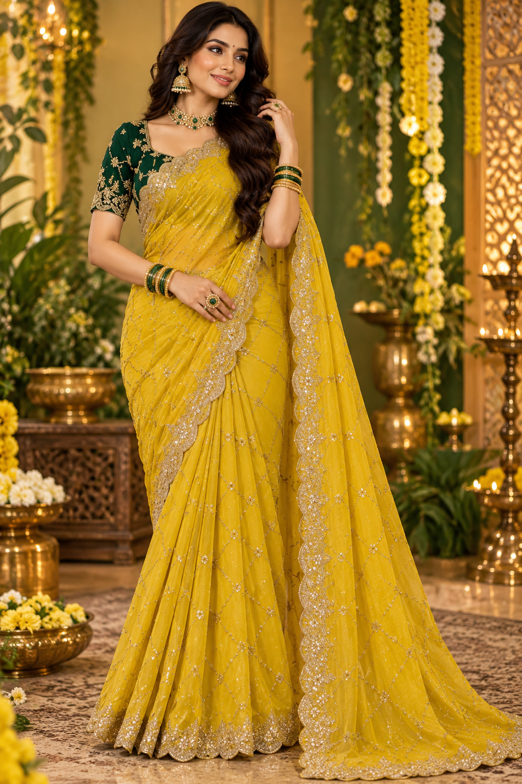 Bollywood désigner mariage sari jaune et vert avec des sequins georgette