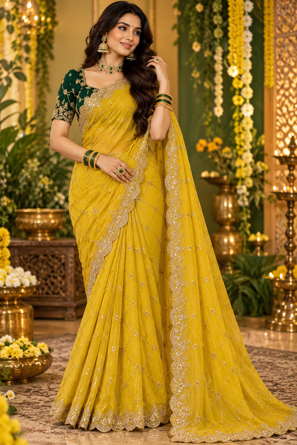 Bollywood désigner mariage sari jaune et vert avec des sequins georgette