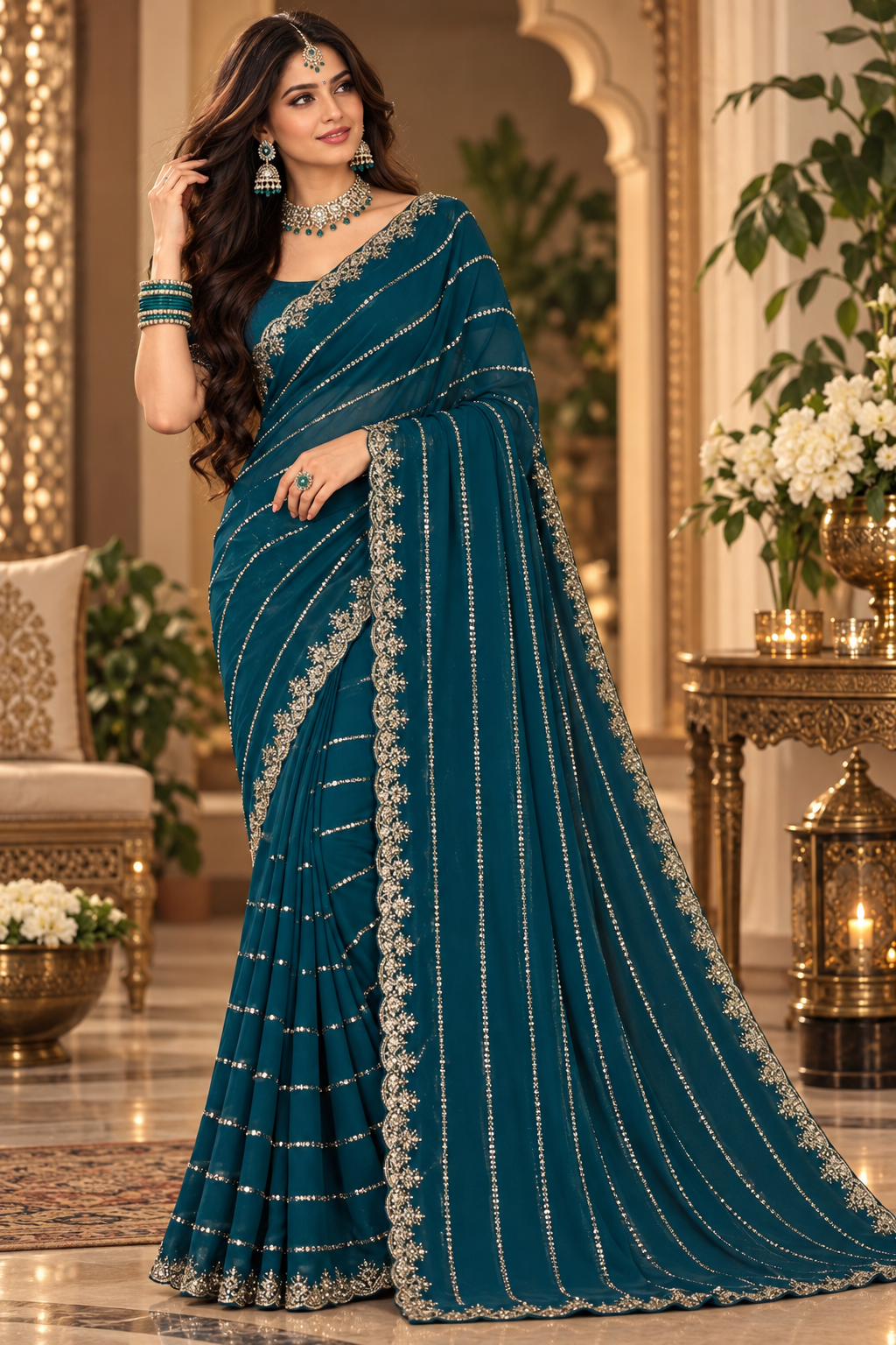 Bollywood désigner sari bleu vert brodé avec des sequins