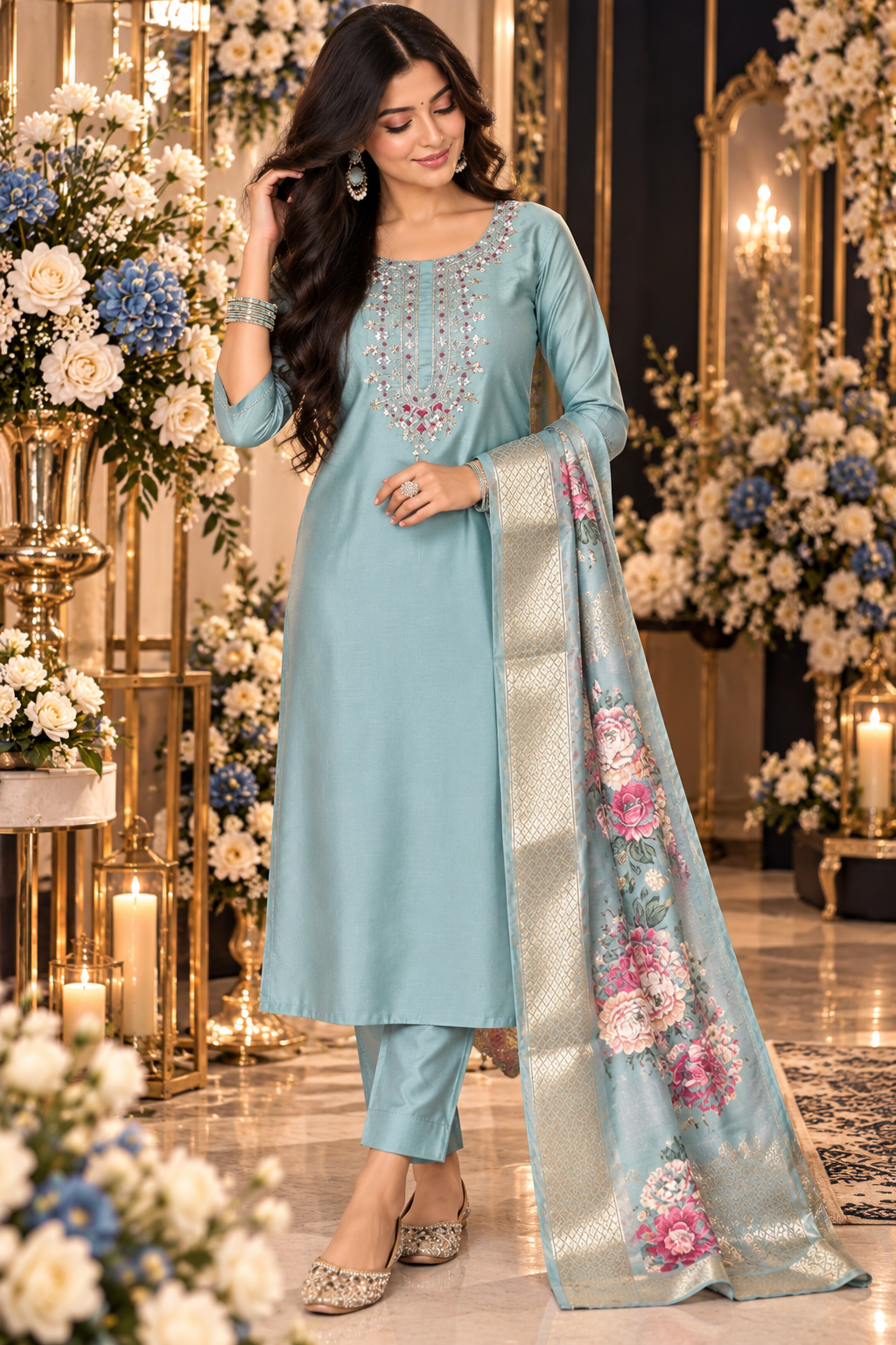 Bollywood désigner salwar kameez bleu taille S 3 pièces Image principale du produit