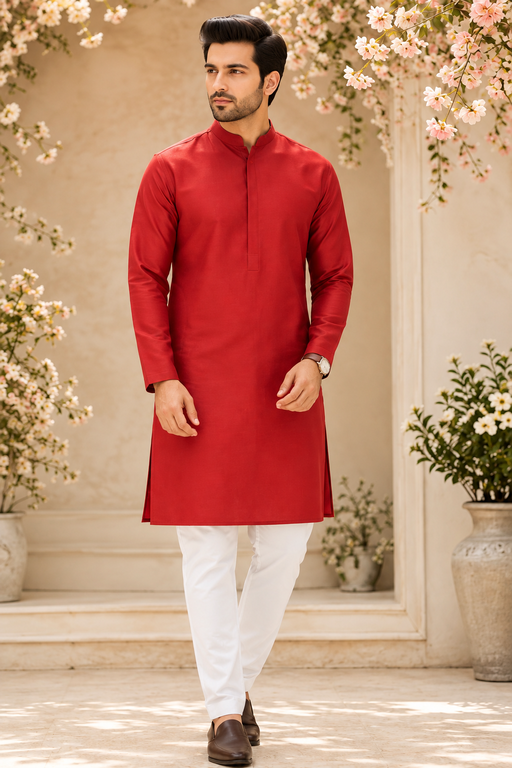 Indian kurta homme rouge blanc taille XL