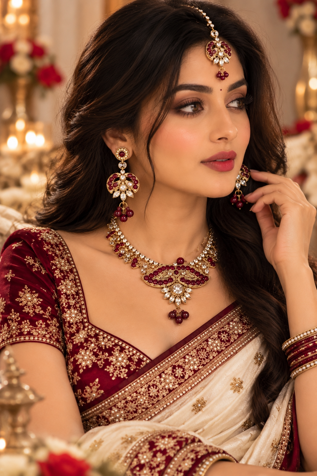 Indian désigner necklace set bordeaux et doré Image principale du produit