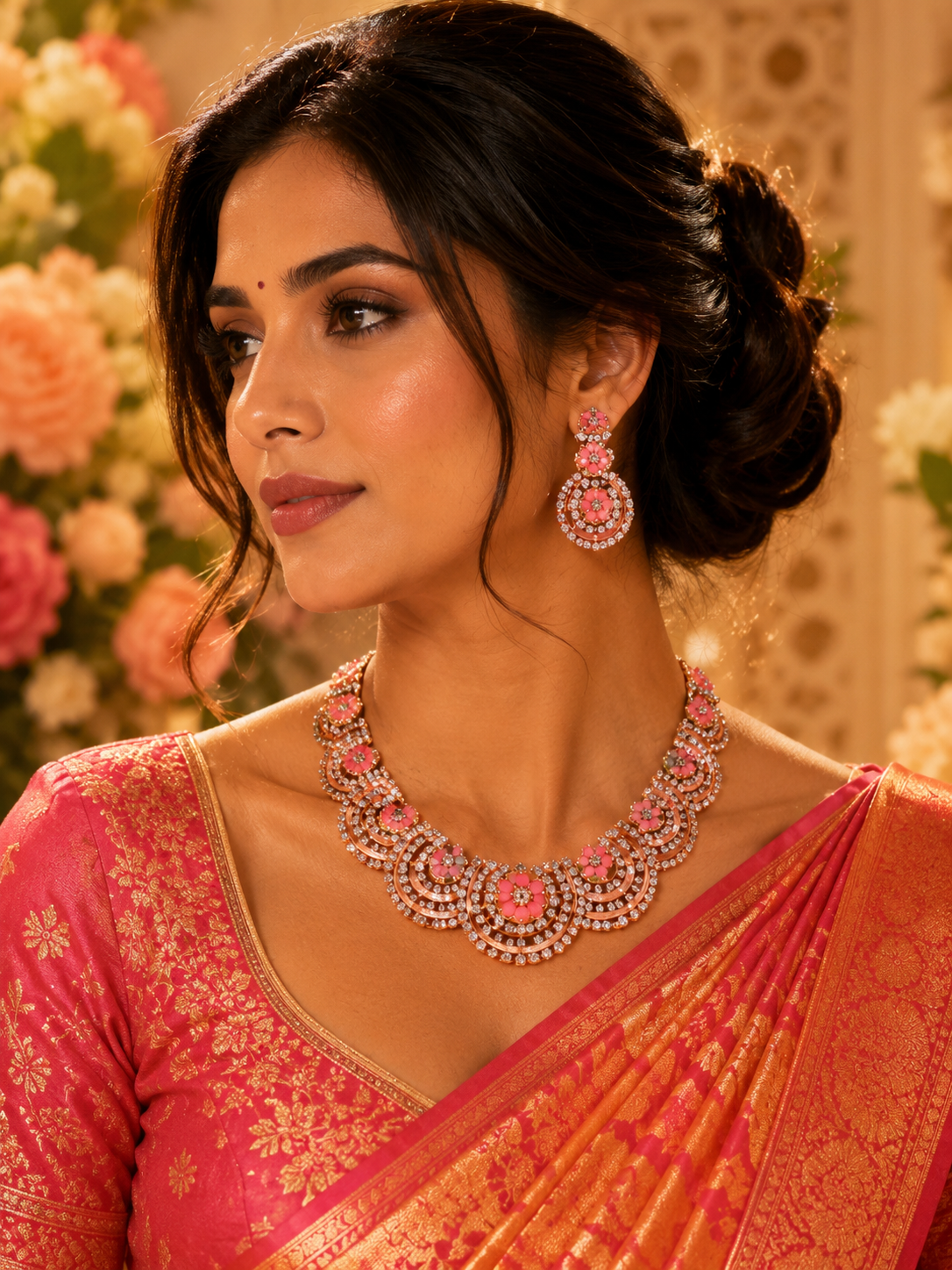 Bollywood désigner mariage sari parure rose corail 2 pièces Image principale du produit