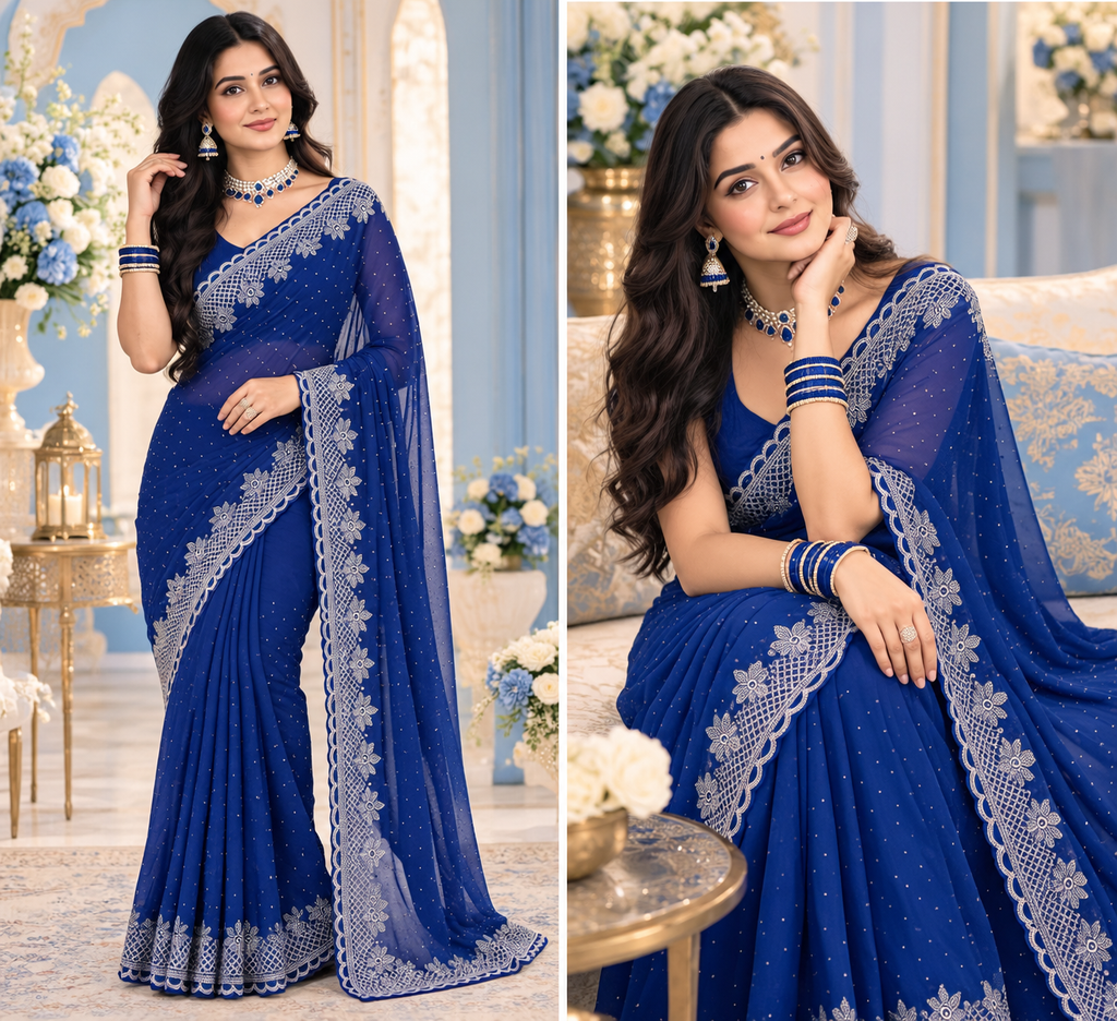 Bollywood designer blue georgette sari with silver stones