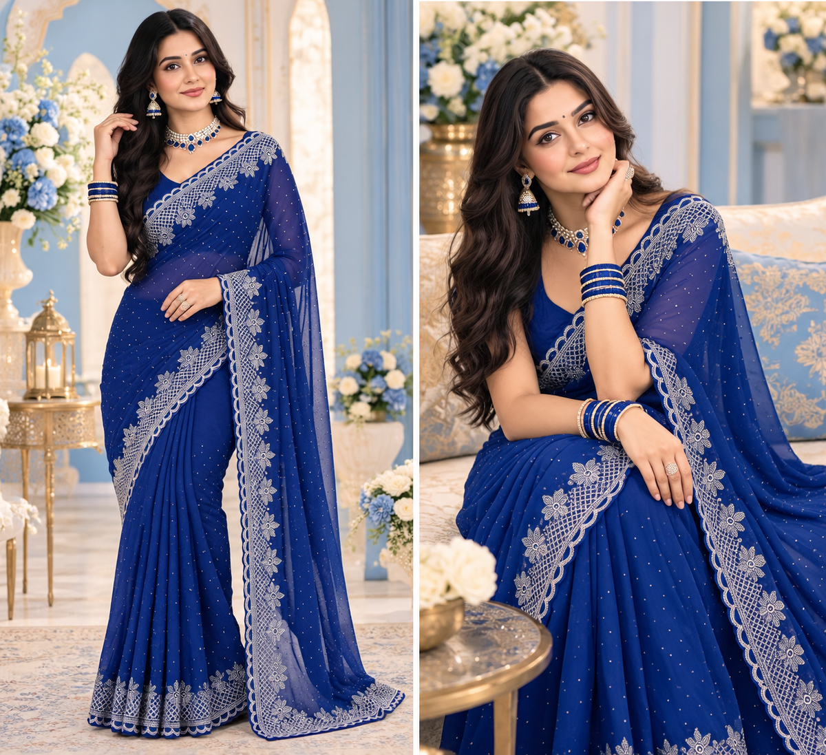 Bollywood designer blue georgette sari with silver stones