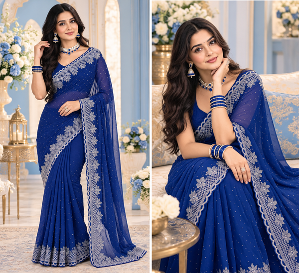 Bollywood designer blue georgette sari with silver stones