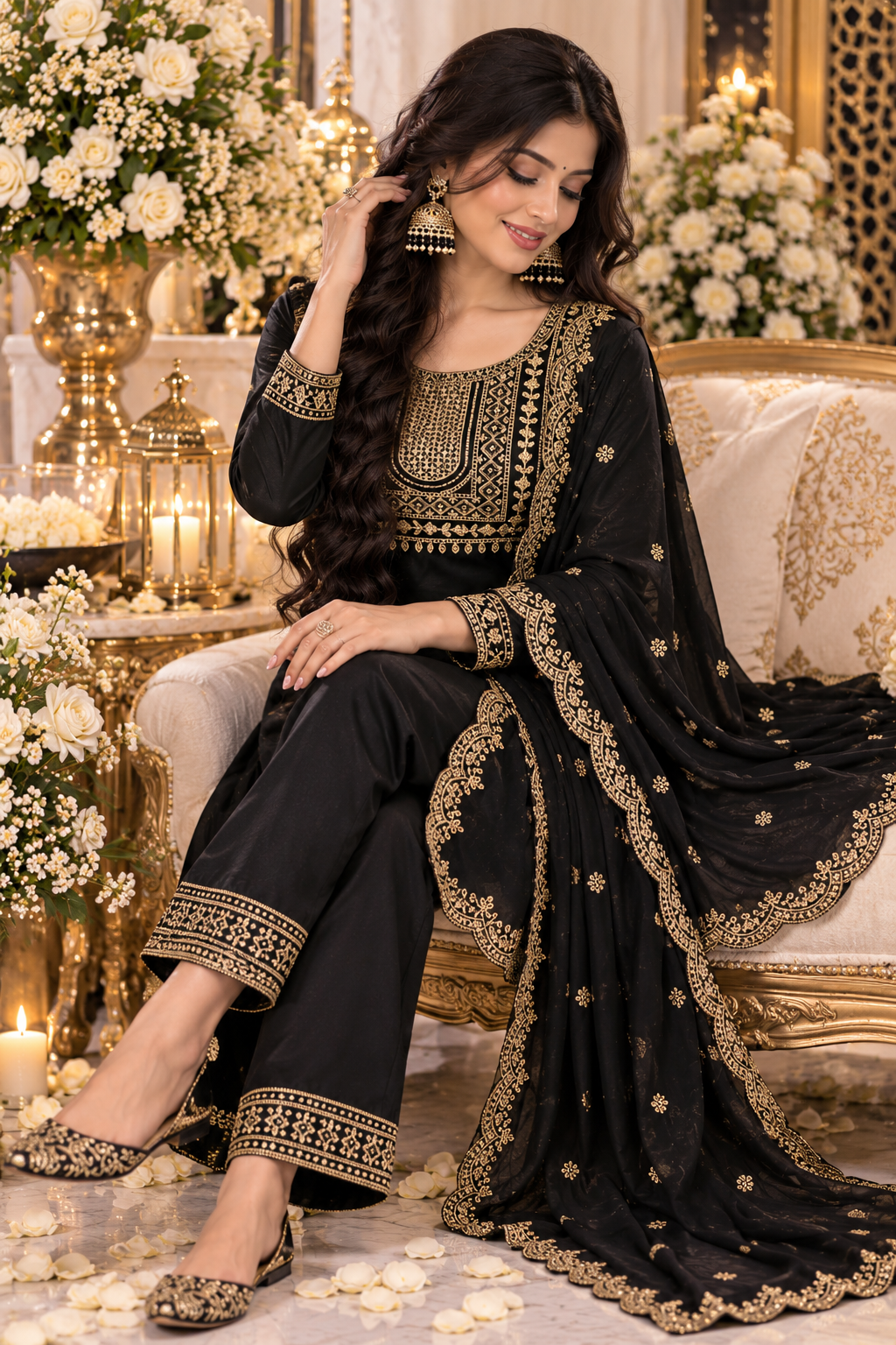 Bollywood désigner salwar kameez noir et doré taille Xl Image secondaire du produit