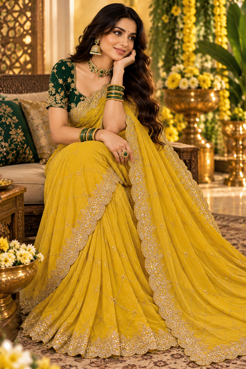 Bollywood désigner mariage sari jaune et vert avec des sequins georgette