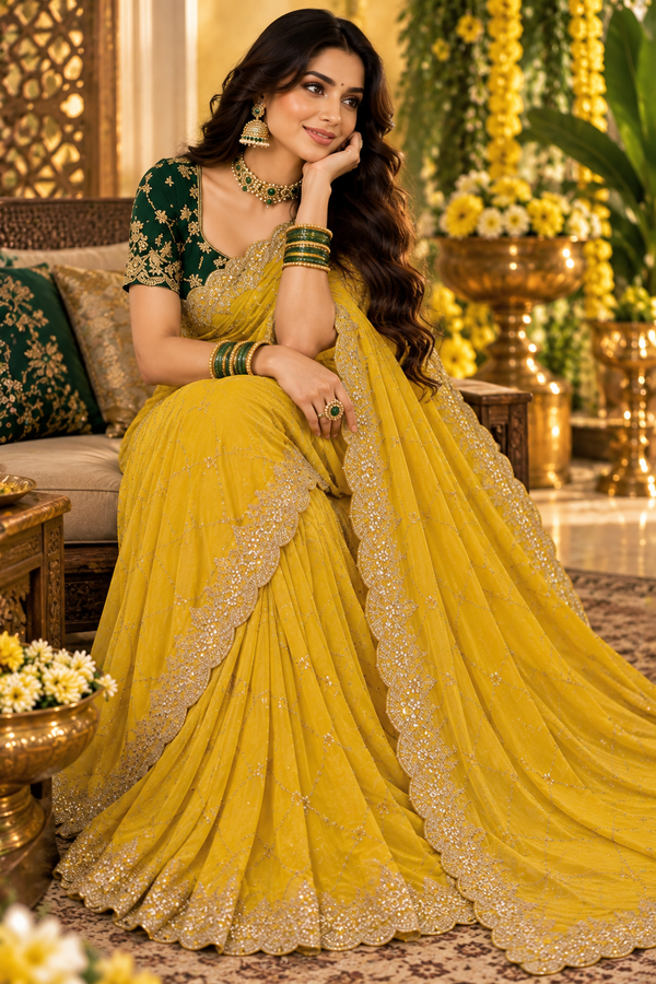 Bollywood désigner mariage sari jaune et vert avec des sequins georgette