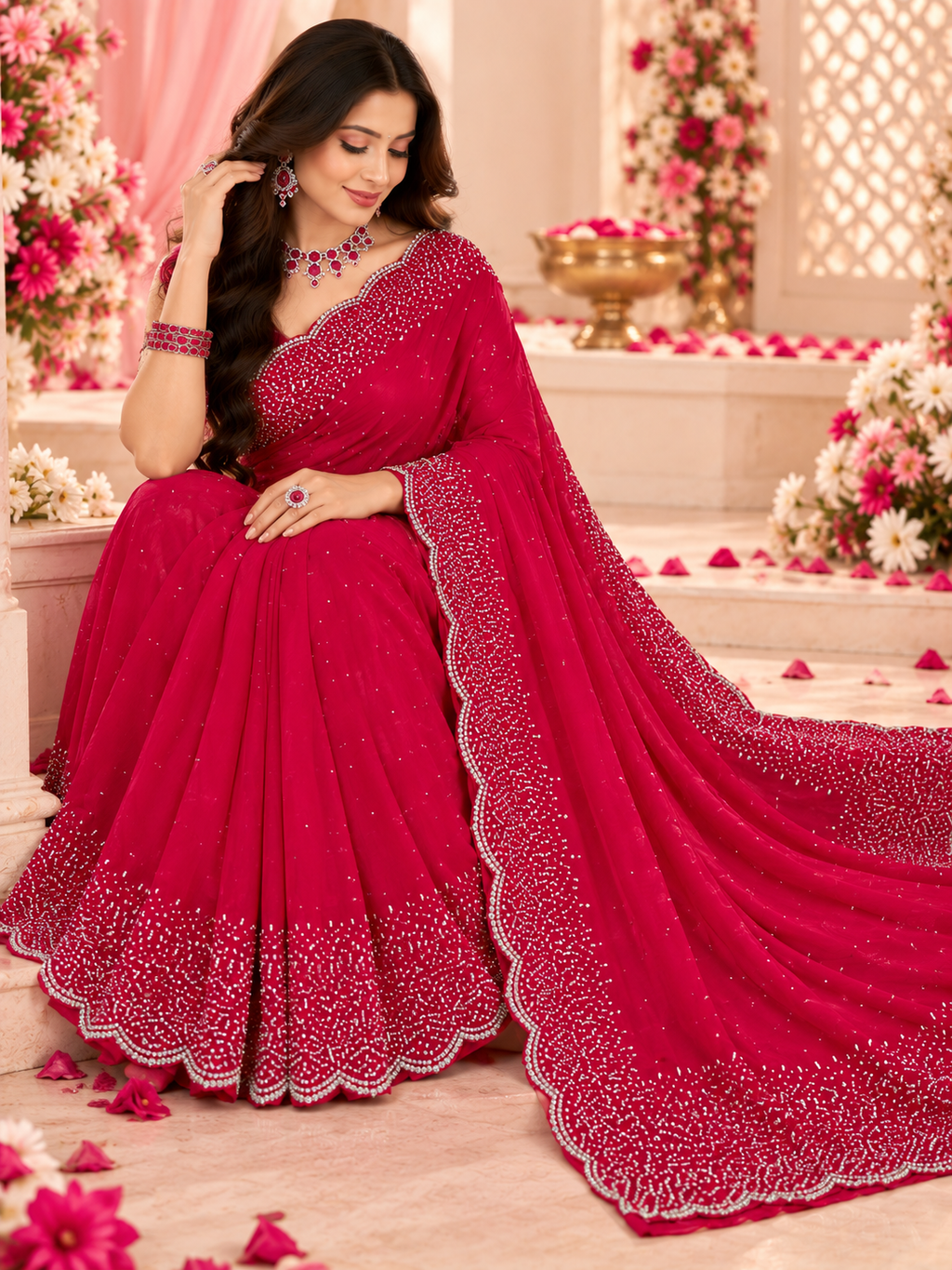 Indian désigner sari rose fushia motifs argenté