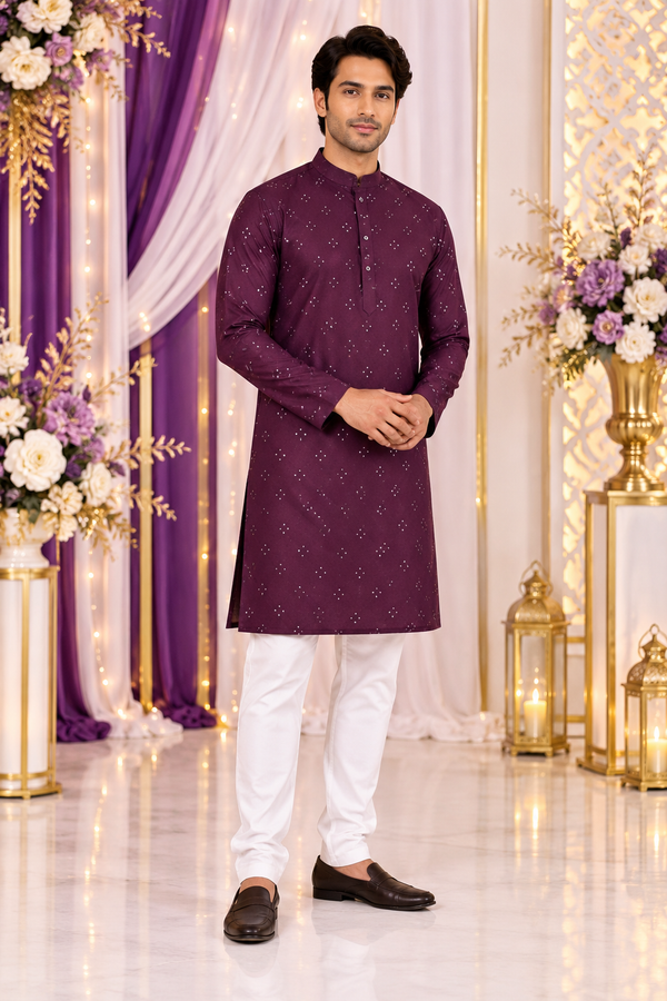 kurta homme violet et blanc coton mélangé